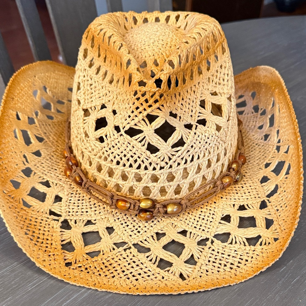 Elegant Tan Crochet Hat with Beaded Detail